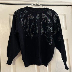 Vintage Sequined Black Cropped Sweater, Size Small